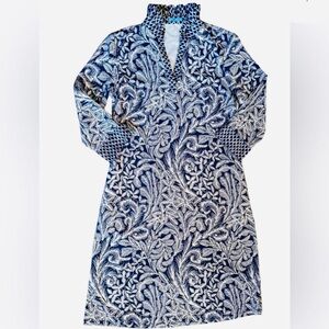 J.McLaughlin XS Durham Ruffle Neck Navy White Floral Print Dress